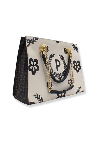 POLLINI Borsa Tote Catena Loghi Bianco Avorio Nero TE8472PP0DQE00C - Sandrini Calzature e Abbigliamento